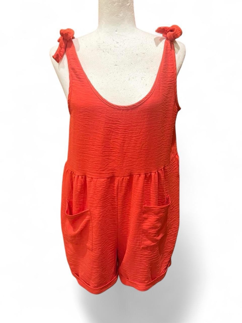 Comfy and Cute! Tie-Shoulder Red Romper with Pockets.